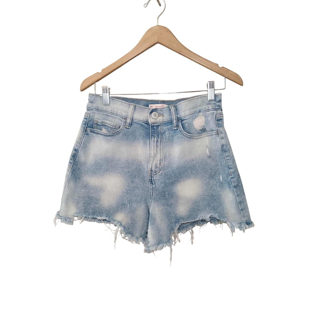 Juniors So High‎ Rise Boyfriend Midi Denim Shorts Fraye Bleach Wash Rips Size 9